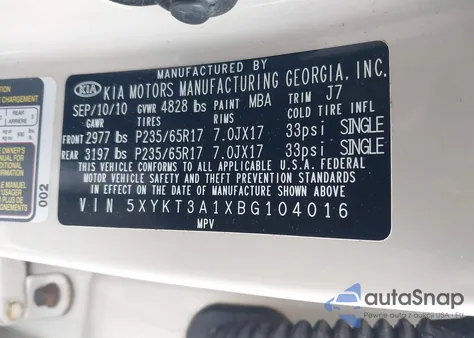 2011 Kia Sorento Lx из США, поврежденный, VIN 5XYKT3A1XBG104016